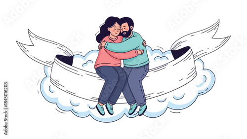 Embracing Love and Togetherness: A tender embrace between two individuals, set against a backdrop of fluffy clouds and an open banner, symbolizing connection and unity.
