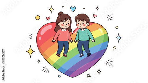 Embracing Love and Unity: An illustrated couple stands hand-in-hand atop a vibrant rainbow heart, representing love, acceptance, and the beauty of diversity.