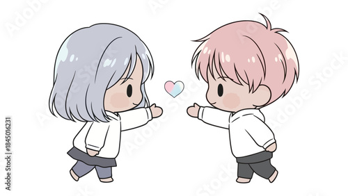 Shared Heart: Two endearing figures reach for a floating heart, expressing unity and devotion with delicate charm. The image embodies the sweetness of connection.