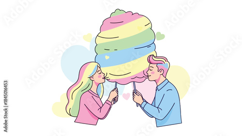 Sweet Kiss Shared Over Cotton Candy: A young couple shares a tender moment, intertwined as they savor the sweet delight of a rainbow-hued cotton candy.