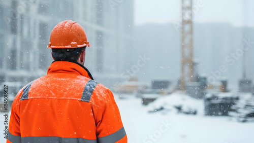 Construction worker in an orange safety jacket and helmet, standing in a snowy outdoor site, observing a building project.