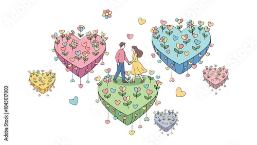 Love's Blossoming Paradise: A romantic couple strolls hand-in-hand amidst a whimsical garden of floating heart-shaped islands adorned with vibrant flowers.