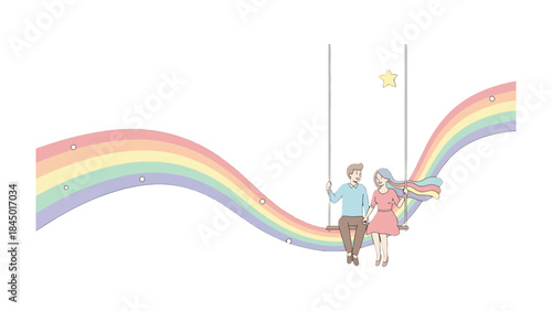 Eternal Rainbow of Affection: A romantic couple swings gently amidst a vibrant, ethereal rainbow, a symbol of hope, love, and endless possibilities.