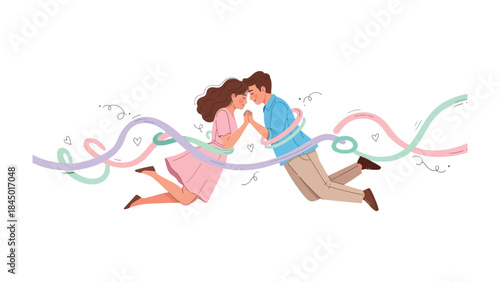 Couple Floating in Love: A tender embrace of a couple floating mid-air, surrounded by whimsical ribbons, embodies the pure essence of love and connection.