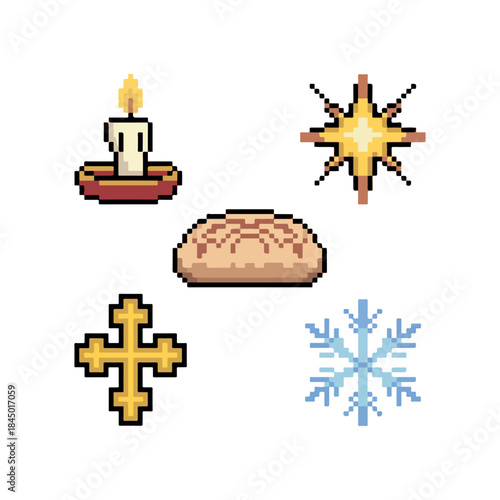 Christmas religious icons set: vector illustration with a gold cross symbol, church design, and 3D god crucifix logo art Pixel icons retro 8-bit style