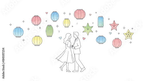 Dancing Under the Lanterns: A romantic couple dances gracefully beneath a cascade of colorful lanterns, embracing the night's magic.