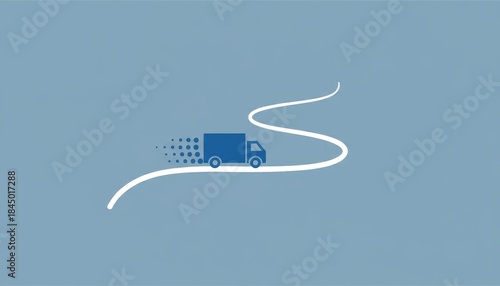 A blue truck travels along a winding road, symbolizing transportation and movement in a minimalist design.