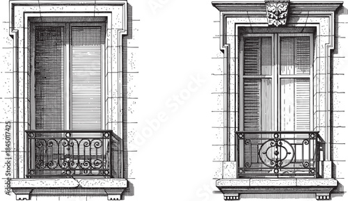 French Tall Parisian Window With Balcony Railing Vintage Architectural Engraving Style Vector Illustration Set