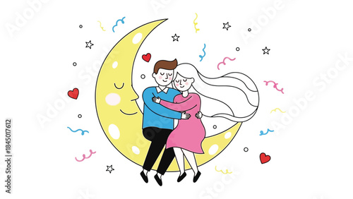 Lunar Embrace: A tender embrace of a couple seated on a whimsical crescent moon, surrounded by stars and confetti, evokes feelings of love and celebration. 