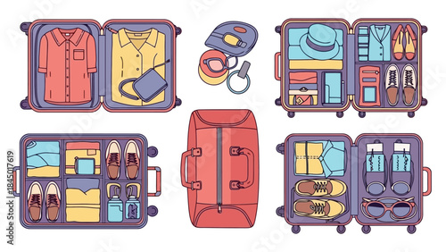 Flat Vector Set of Packed Luggage with Clothes, Shoes, and Travel Accessories