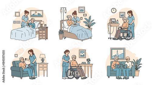 Nurses Providing Care to Elderly Patients in Various Healthcare and Home Settings
