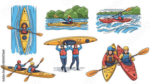Kayaking and Water Sports Activities Set, People Enjoying Outdoor Recreation and Adventure