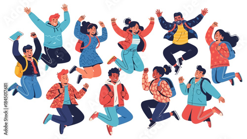 Excited Diverse Students Jumping for Joy with Backpacks and Books, Celebrating Success