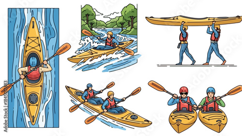 Diverse Kayaking Scenes: Solo, Tandem, and Group Adventures on Waterways