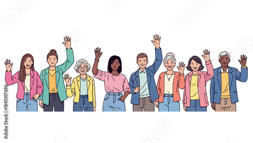 Diverse group of people waving hands, representing friendship, diversity, and welcome