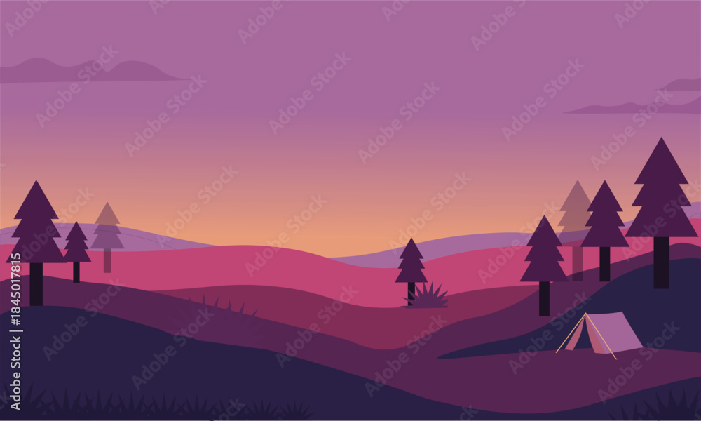 Fototapeta premium Flat Vector Landscape Illustration of Camping Tent in Purple Rolling Hills at Sunset