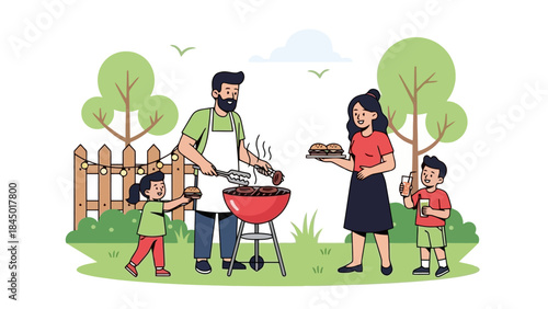 Family Having a Backyard Barbecue Party, Grilling Food and Enjoying a Sunny Day