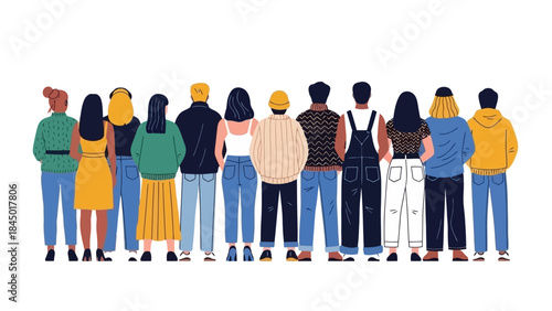 Diverse Group of People Standing Backwards in a Row, Vector Illustration
