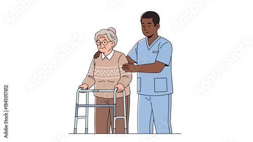 Caregiver Assists Elderly Woman with Walker, Promoting Mobility and Healthcare Support