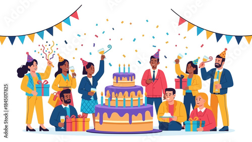 Happy Birthday Celebration with Cake, Gifts, and Confetti for Diverse Group of People