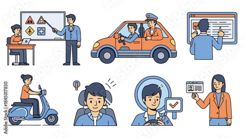 Driving School Concept: Education, Practice, License, and Transport Illustrated Set