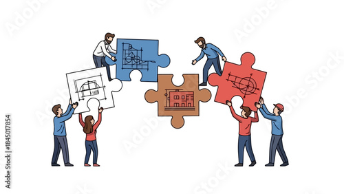 Diverse team of architects collaborating on a blueprint project, assembling puzzle pieces