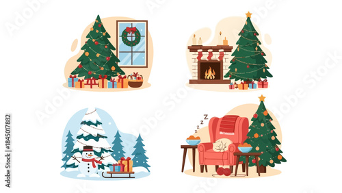 Cozy Christmas Scenes: Decorated Tree, Fireplace, Snowman, and Relaxing Chair