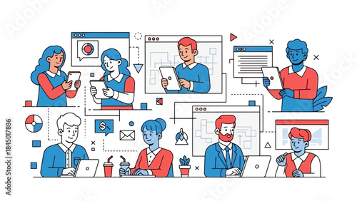 Diverse team collaborating remotely using digital devices for online business success