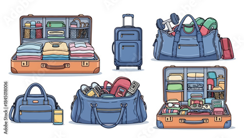 Variety of Packed Suitcases and Duffel Bags for Travel and Vacation Getaways