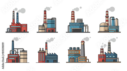 Set of Diverse Industrial Factory Buildings with Smokestacks, Modern Industry and Manufacturing