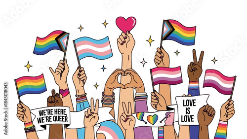 Diverse Hands Unite Holding Pride Flags and Symbols of Love and Inclusion