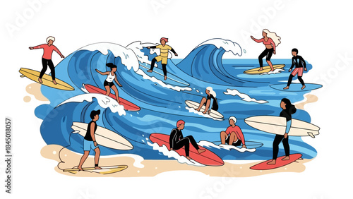 Diverse Group of Surfers Riding Ocean Waves on a Sandy Beach, Vector Art