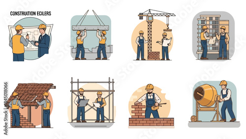 Construction Workers in Safety Gear Engaged in Various Building and Maintenance Tasks