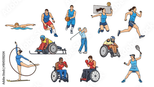 Diverse Athletes with Disabilities Engaging in Various Sports Activities, Vector Illustration