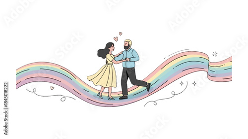 Love's Rainbow Embrace: A heartwarming depiction of two individuals, bathed in the gentle hues of a rainbow, gracefully embracing and celebrating their unique journey together.