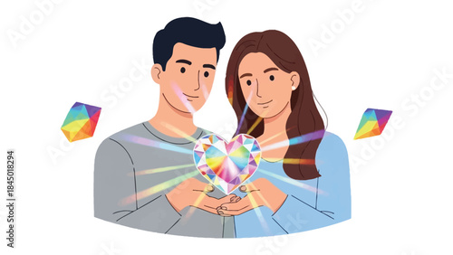Everlasting Bond: Two individuals radiate affection, their hands clasped around a shimmering heart, as they create a vibrant moment. 