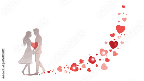 A Couple’s Delicate Embrace: Silhouette of couple in love, standing with heart shape and background of flying heart shapes