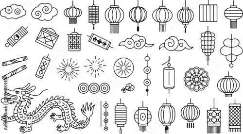 Numerous outline icons showcasing Chinese New Year decorations with lanterns, a dragon, and traditional cultural symbols