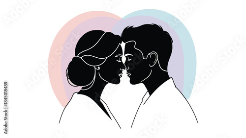 Heartfelt Encounter: An artistic illustration captures the essence of love and connection, as a couple stands face to face, surrounded by a symbol of affection, expressing devotion and unity.