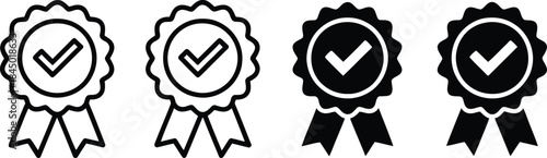 Set of quality assurance icons showing four styles of certification or approval badges with checkmarks