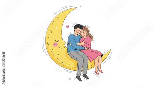 Serene Embrace Under the Crescent Moon: A loving couple nestles together upon a smiling crescent moon. An intimate illustration showcasing affection and tranquility.