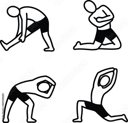 A set of four simple line art icons depicting different stretching and yoga exercises