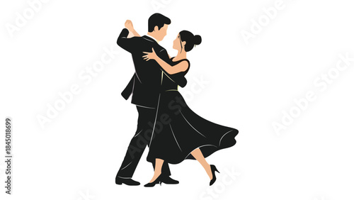 Elegant Dance Duo: A refined couple, embodying grace and poise, glides across the floor in a passionate dance, their silhouettes capturing the essence of elegance.