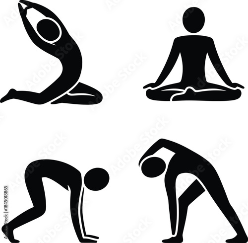 Simple black and white silhouettes of a person performing various yoga poses