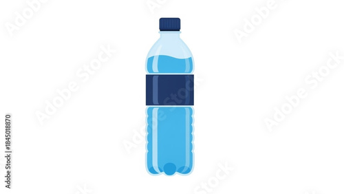 A vertical, isolated vector illustration of a plastic bottle filled with blue water, featuring a dark blue label wrapped around the center and a matching blue cap, set against a white background.