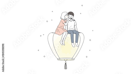 Eternal Couple: Two lovers find solace and romance while seated, in a tender moment on the paper lamp, against the celestial canvas, capturing an illustration of everlasting love. 