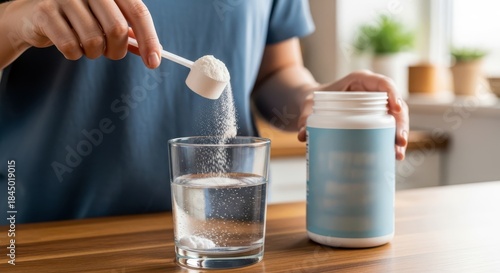 Woman Adding Collagen or Protein Supplement Powder to Water
