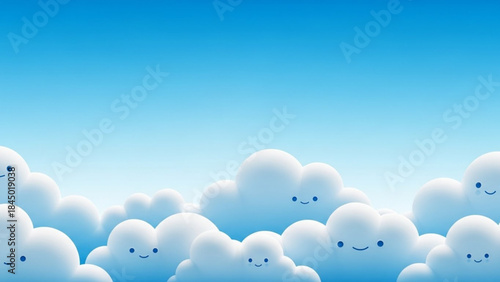 A charming, whimsical background illustration of plump, white cartoon clouds with friendly, subtle smiling faces, set against a bright, light blue sky with a gradient effect.