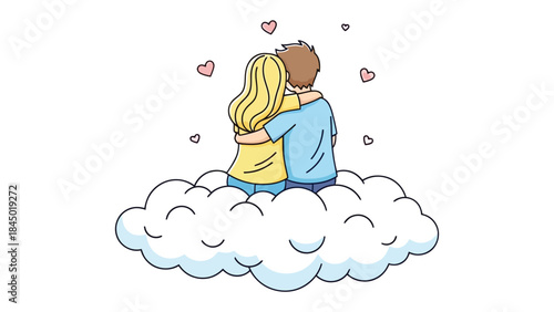 Love's Embrace: A couple, lost in a moment of tender intimacy, shares a peaceful moment while sitting on a cloud, surrounded by floating hearts, evoking the dreamy nature of love.