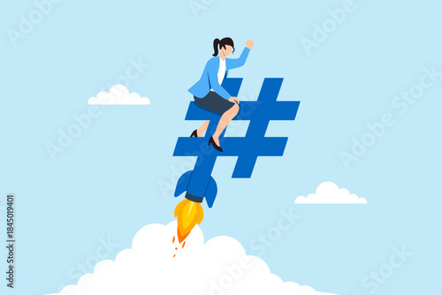 Flat illustration of businesswoman riding rocket powered hashtag symbolizing social media growth viral content digital success online influence and marketing trend